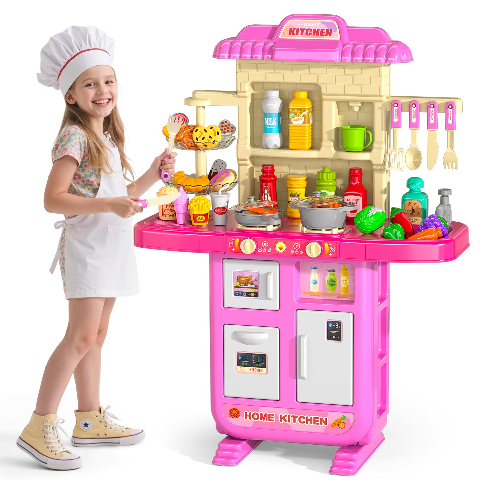 MSKOLER 36 in Kids Kitchen Playset for Ages 2-6 4-8, Play Kitchen with Light, Sound and Spraying, Sink Toy Accessories, Cooking 