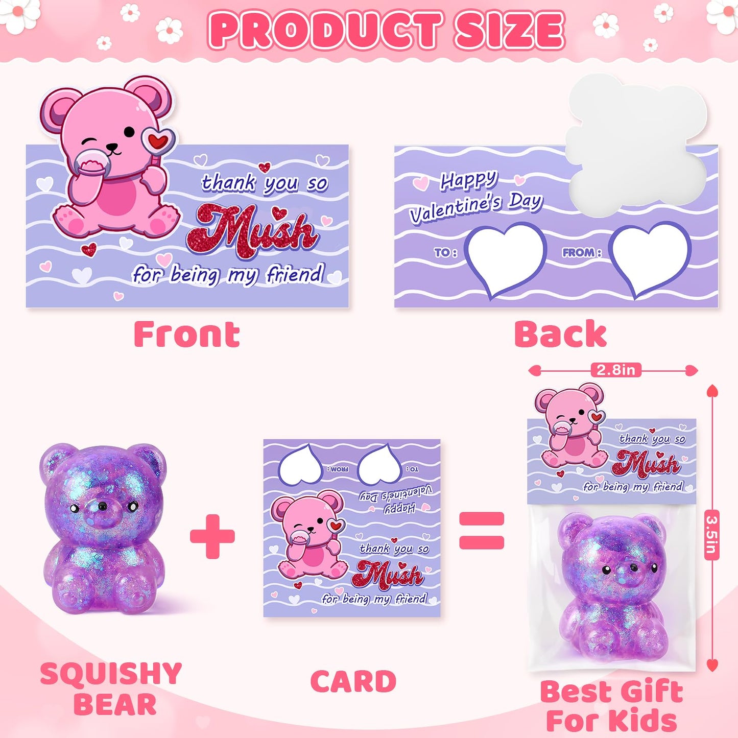 Valentines Day Cards For Kids Classroom, 24 Packs Valentine'S Day Squishy Bear Toys With Greeting Cards, Valentine Kids Party Fa