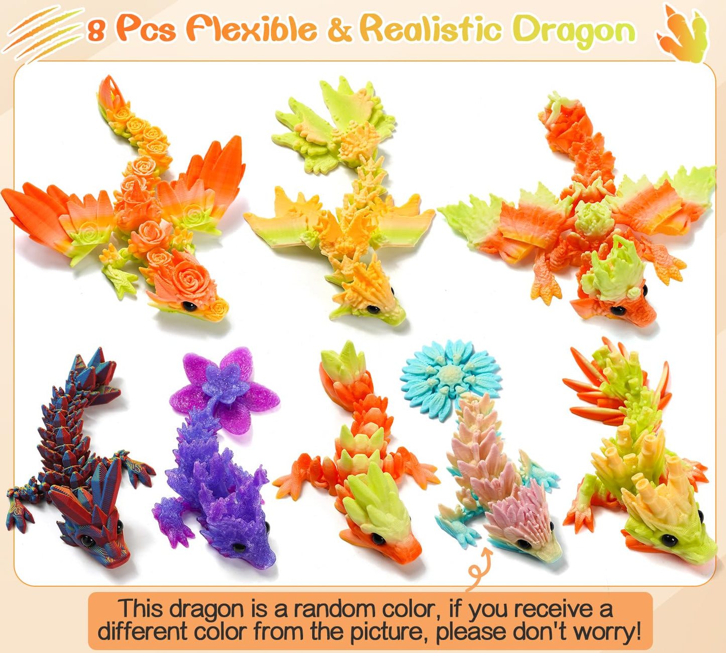 GHIAKQYT 8PCS 3D Printed Dragon Toys  Articulated Dragon Fidget Toy Flexible Desk Pets  3D Printed Animals Toys Gift for Kids mature-themed Home Office Decor