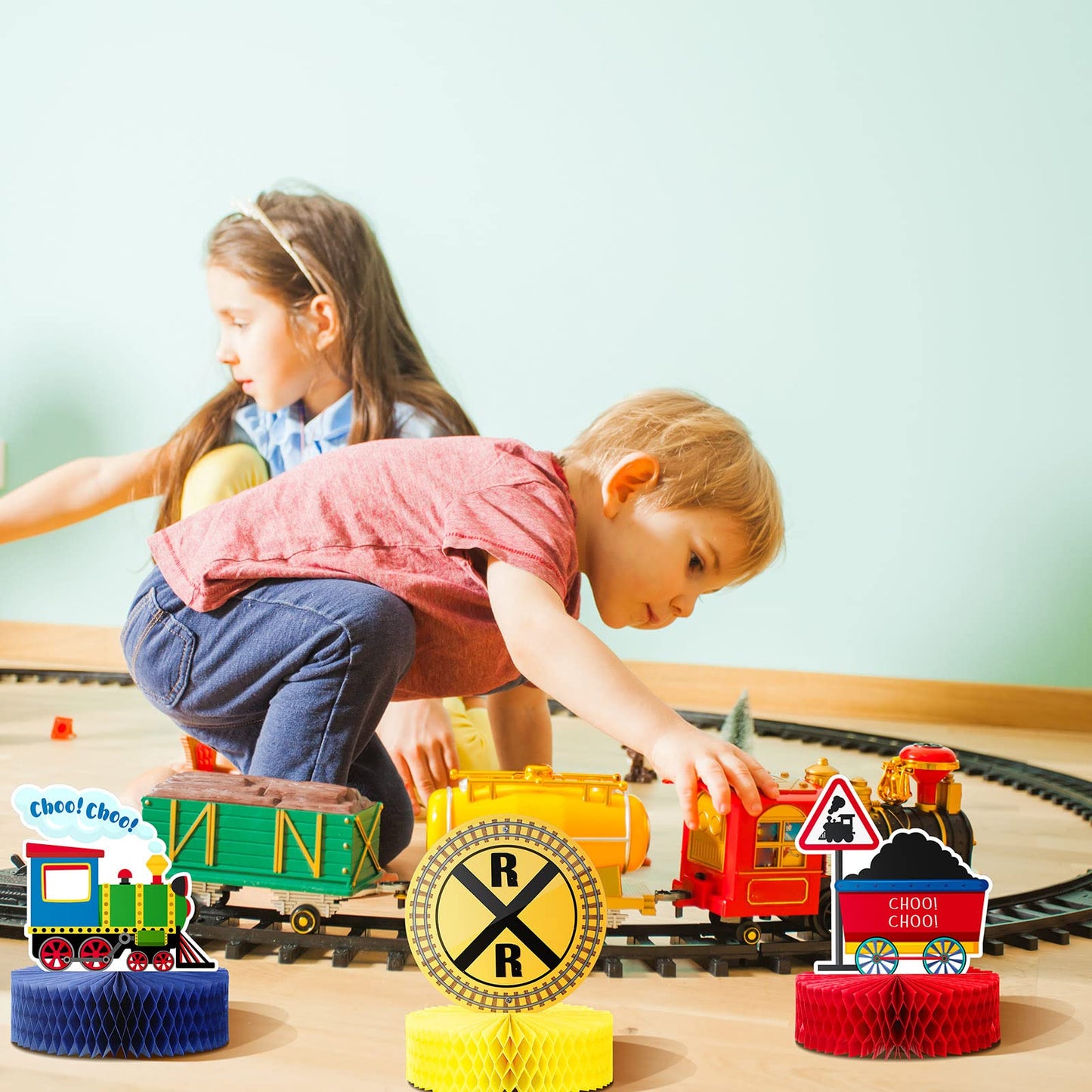 Spakon Train Birthday Party Decorations - 9 Pcs Railroad Honeycomb Centerpieces, Colorful Cardboard Table Toppers for Kids & Baby Showers