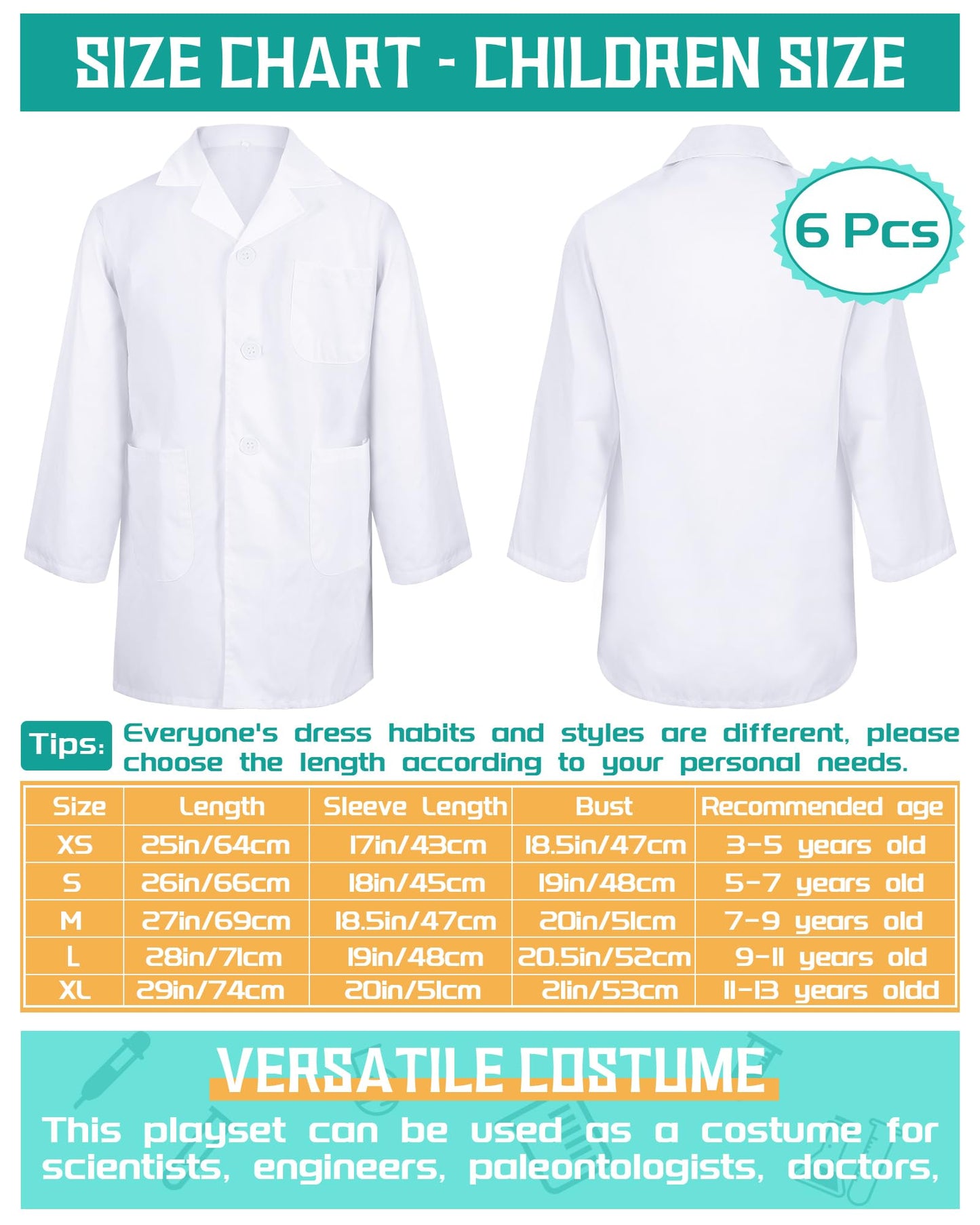 Taiyin 6 Pcs Doctor Coat Costume for Kids Lab Coat Unisex Uniform for Boys Girls Children Nurses Graduation Season Science(L Siz