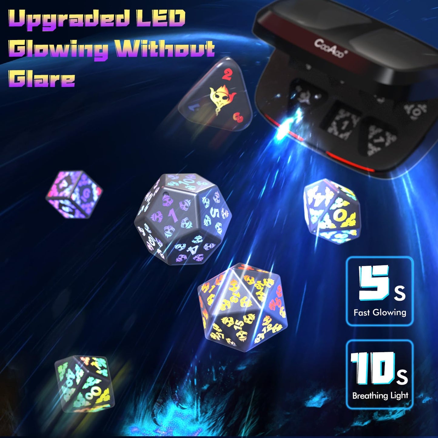 CooAoo Light Up DND Dice Set, Wireless Rechargeable Glowing Dice with Charging Box, 7 PCS Electronic Dice Set, LED RGB Polyhedra