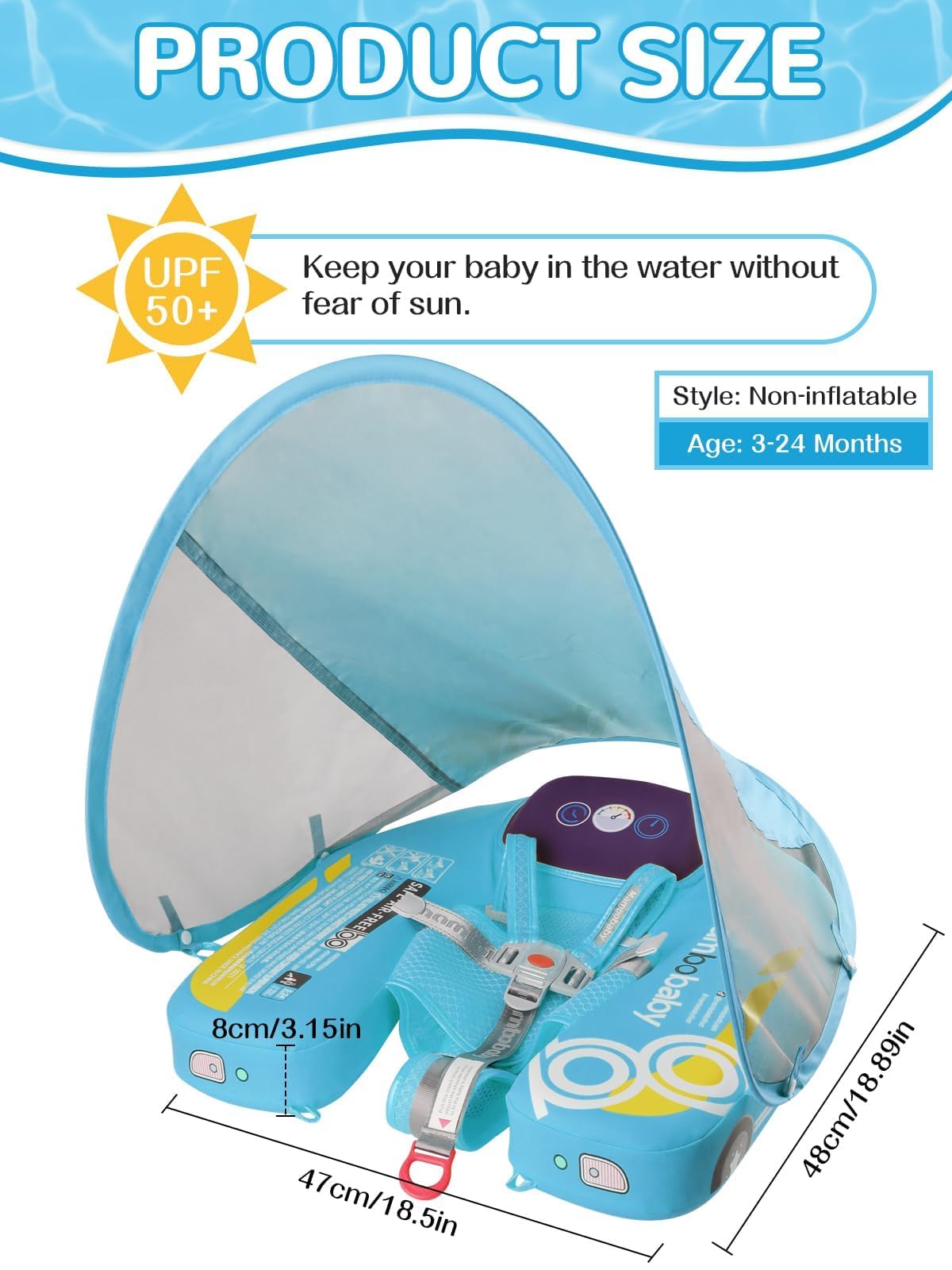 Mambobaby Baby Pool Float with Canopy  Kalolary Non-Inflatable Baby Swim Float Infant Swim Trainer Ring Toddler Pool Float with Adjustable Strap & Tile for 3-24 Months Age Boys Girls (Blue Car)