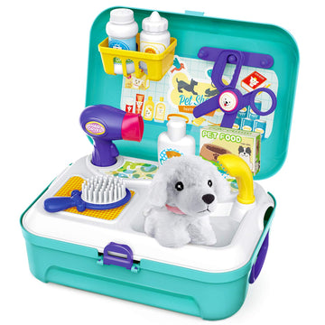 Pet Care Play Set Dog Grooming Kit With Backpack Doctor Set Vet Kit Educational Toy-Pretend Play For Toddlers Kids Children (16