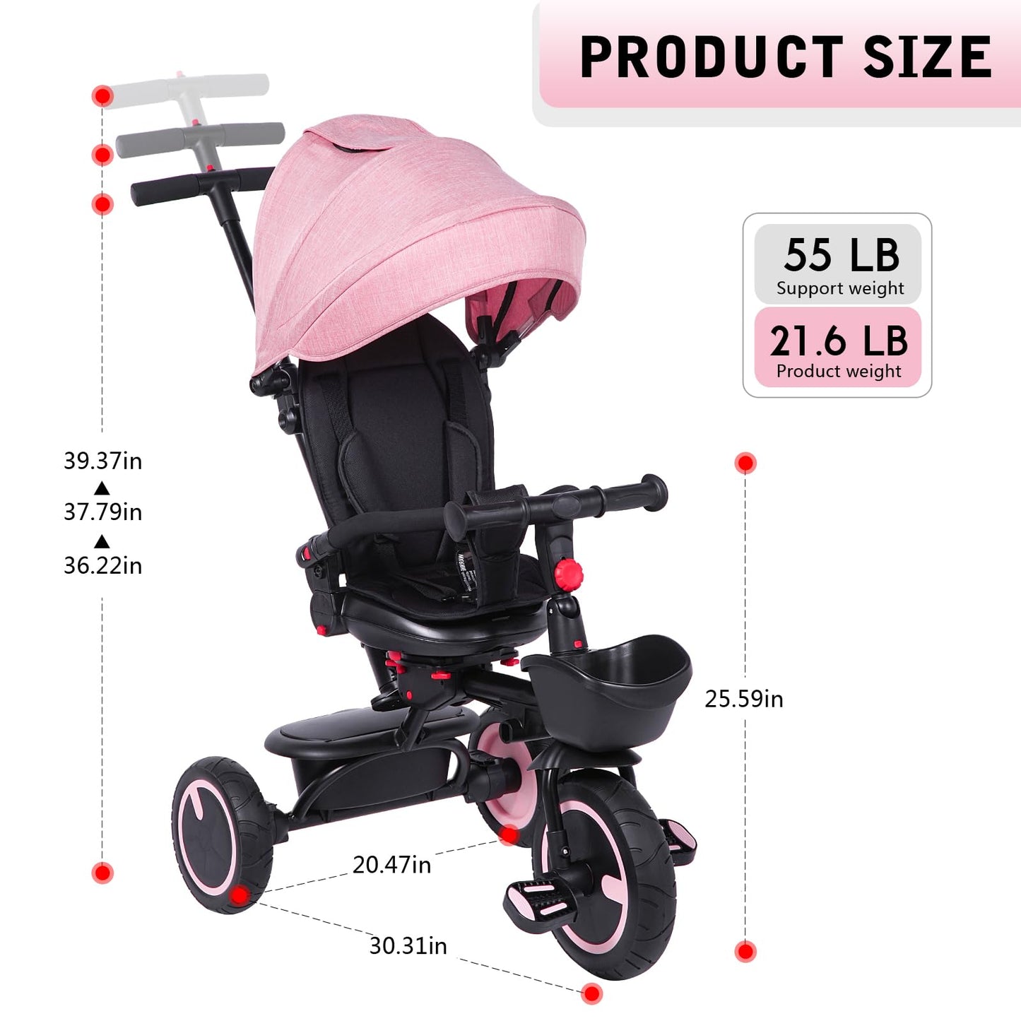 Toddler Tricycle with Push Handle for 7 Months-5 Years, Baby Tricycle with Rotatable Seat, 8 In 1 Kids Trike with Safety Harness