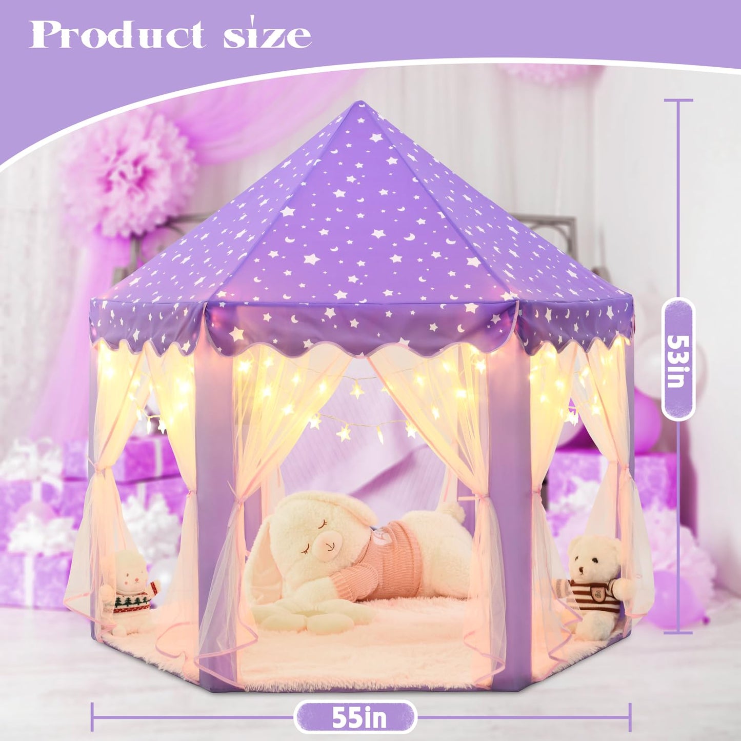 Kixinwa Purple Princess Tent For Girls, Kids Play Tent With Led Small Star Lights, Castle Playhouse Tent For Children Toddlers I