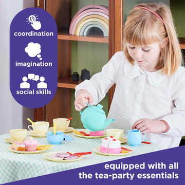 Casdon 36-Piece Tea Set - Colorful Toy Playset with Teapot, Milk Jug, Cups & Saucers, Cake, & More - Suitable for Preschool Toys
