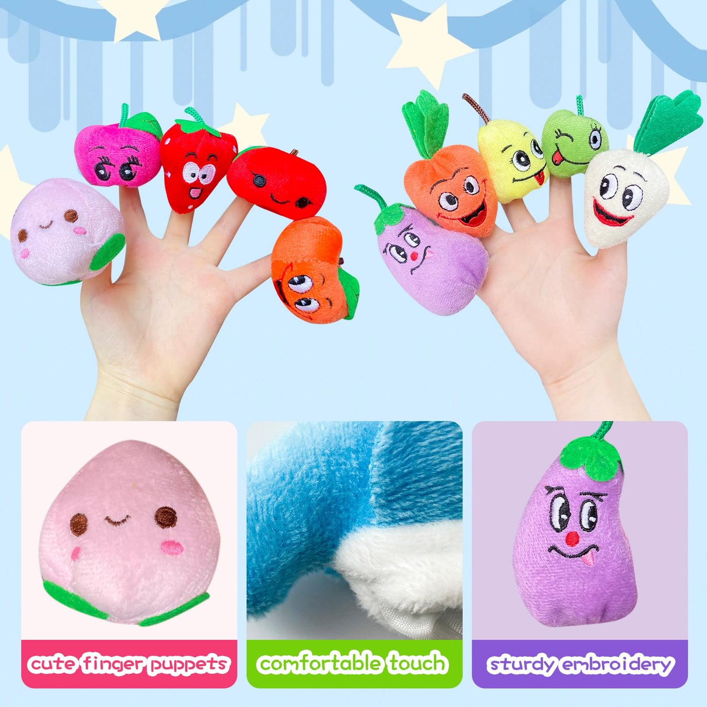 Kaemi 10 Pcs Finger Puppets for Toddlers, Soft Plush Fruit Finger Puppet Toys for Story Time Playtime Shows Party Favors, Educat