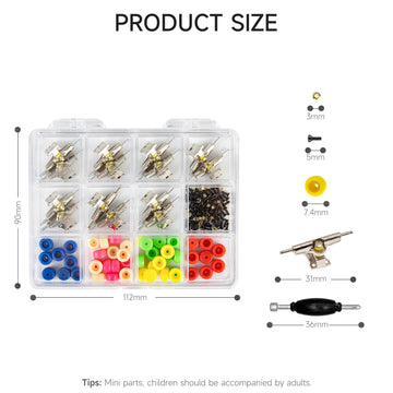 Displaymore Fingerboard Repair Kit -Includes Box & Tools-Mini 96Mm Finger Skateboard Parts Include 14 Brackets 48 Multicolour Wh