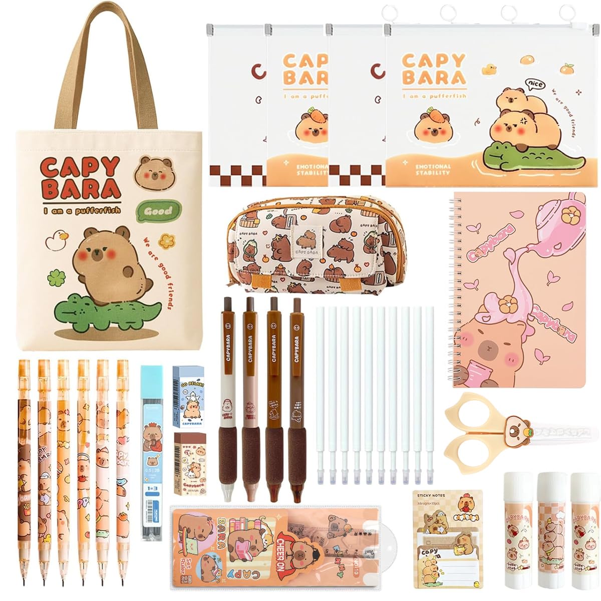 Climberty Capybara Stationery Set, A5 Spiral Notebook, Cartoon Pen With Refills, Mechanical Pencil, Eraser & File Organizer Bag,
