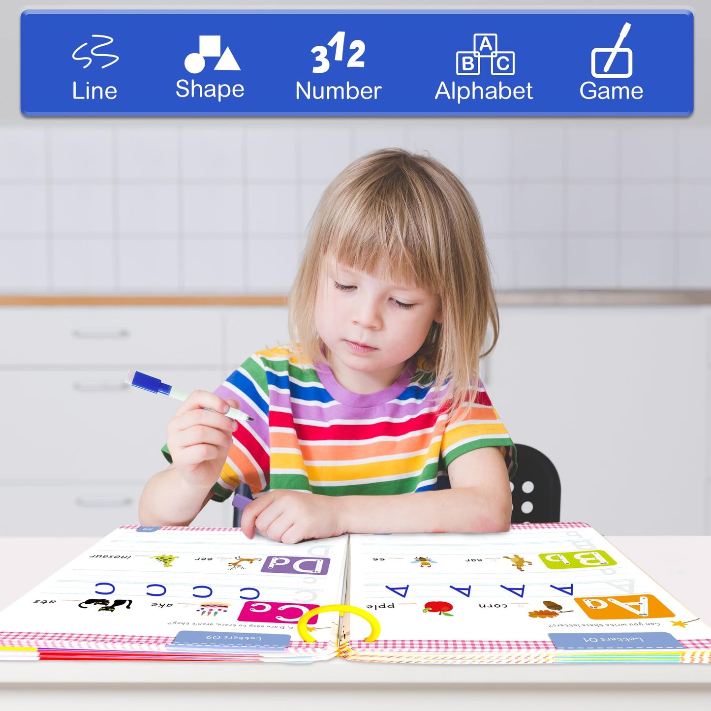 Hoqeewipe Preschool Learning Activities Line Tracing Number Letter For Kids, Wipe Clean Preschool Pre K Workbook Educational Gam