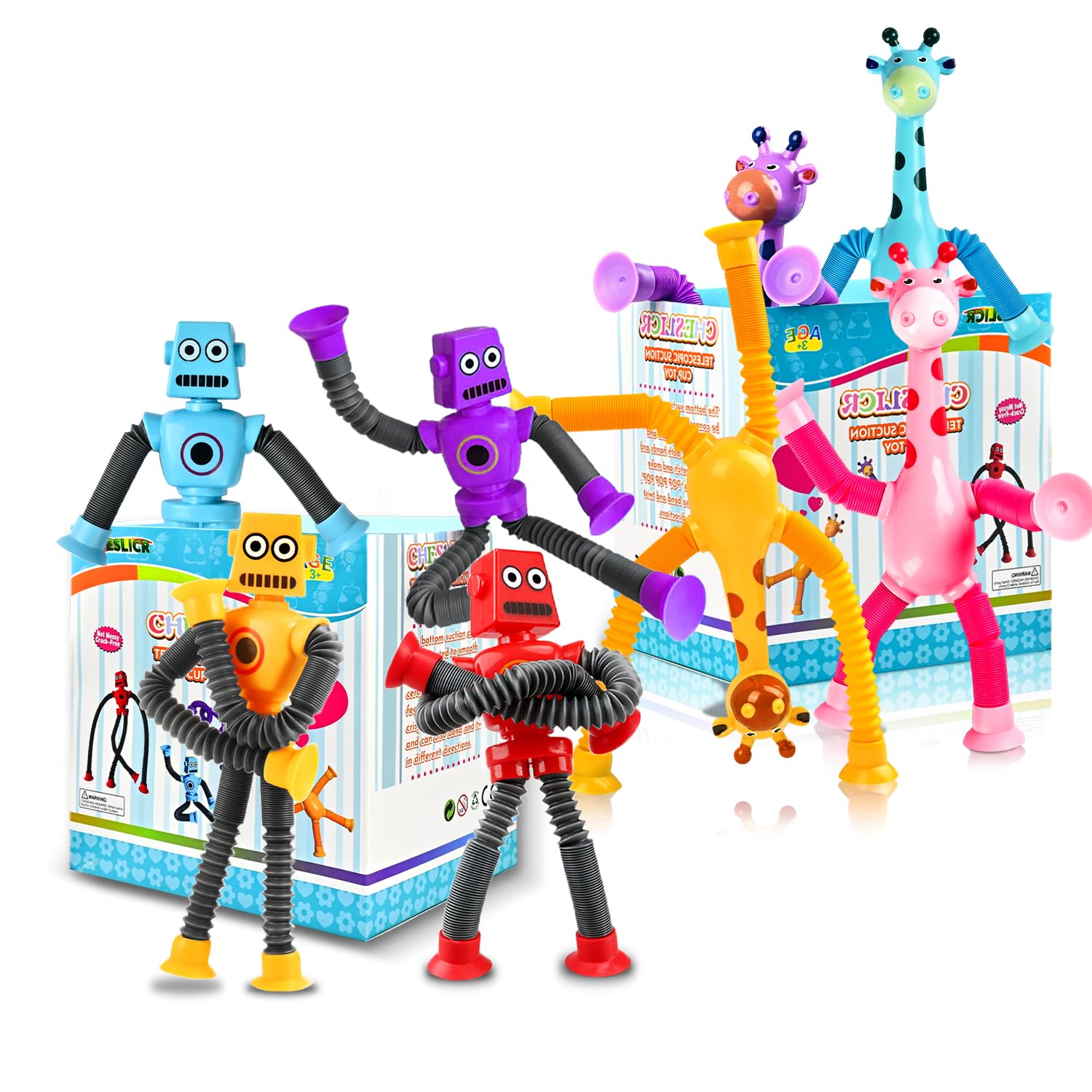 Cheslicr Autism Sensory Toys For Kid Boys Year Old Ages 4 5 6 7 8 9 10(8Pcs), Suction Robot Toy Pop Tube Fidget Toys Autistic Tr