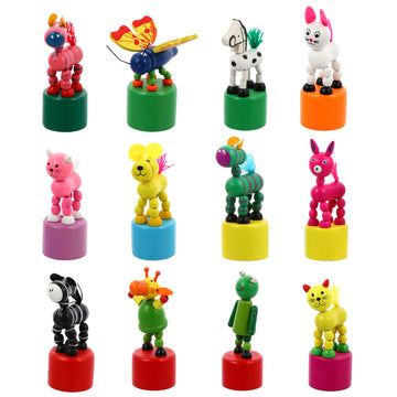 Nuobesty 12Pcs Kids Wooden Push Up Toys Kids Finger Puppets Wood Animal Figurines Press Base Thumb Puppets Animal Party Favors