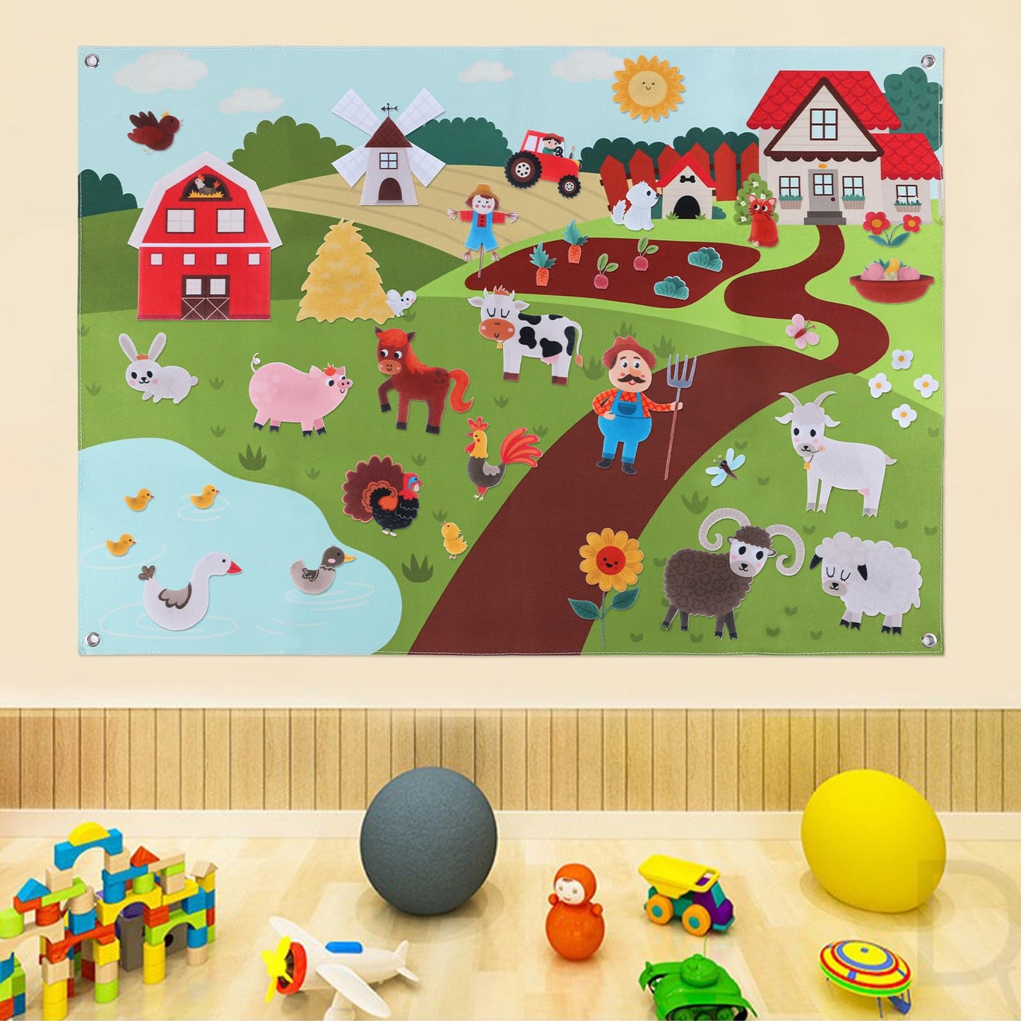 HomeMall Farm Animals Felt Board, 3.5 Ft Farmhouse Themed Felt Board for Toddlers, Preschool Early Learning Toy, Interactive Sto