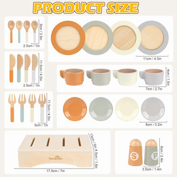 Wooden Play Dishes and Plates for Kids Kitchen Set, 27 PCS Wooden Play Kitchen Accessories, Kitchen Toy for Toddlers 2-4 Years G