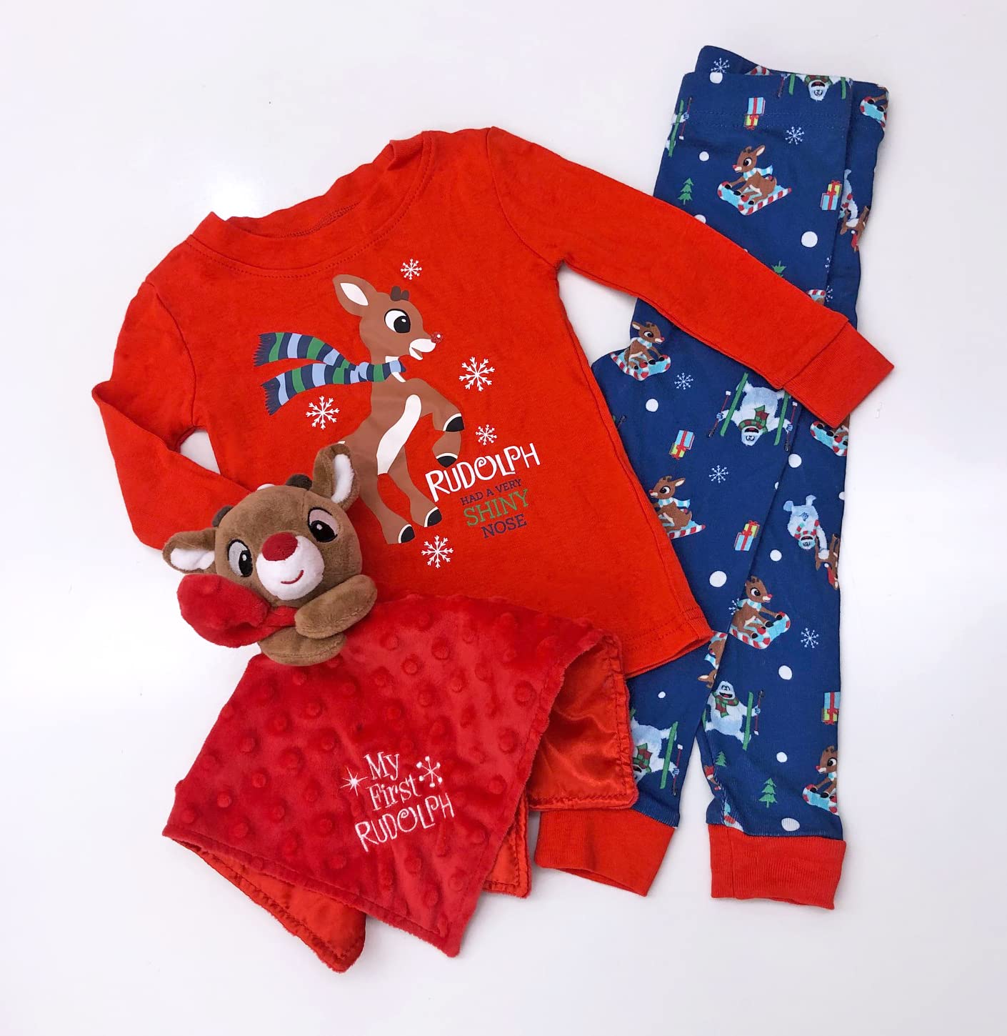Baby Plush Rattle Snuggle Blanket With Satin And Embroidery, My First Rudolph (Red, 12 Inch)