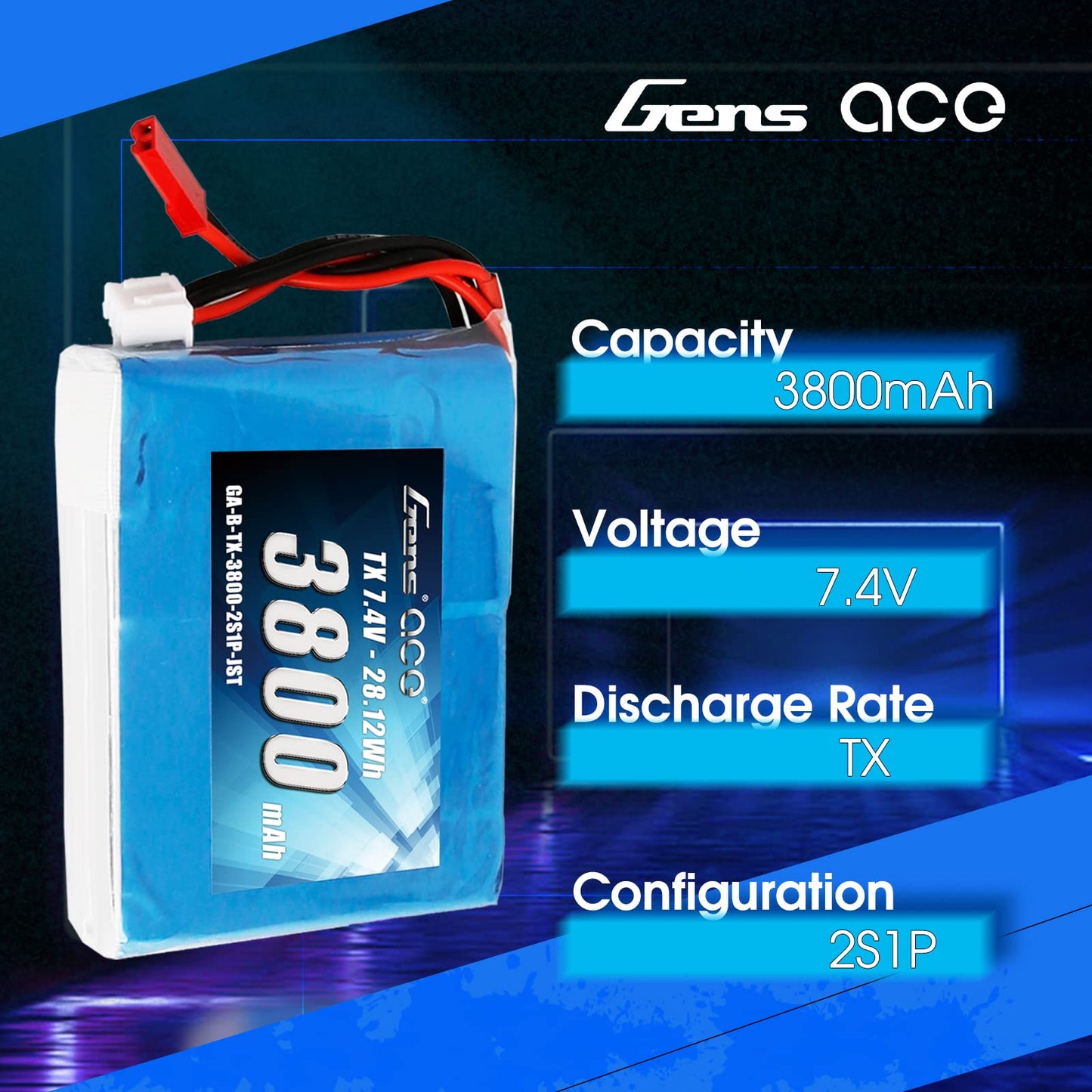 Gens ace 3800mAh 7.4V 2S1P TX Lipo Battery Pack with JST-SYP Plug for The QX7