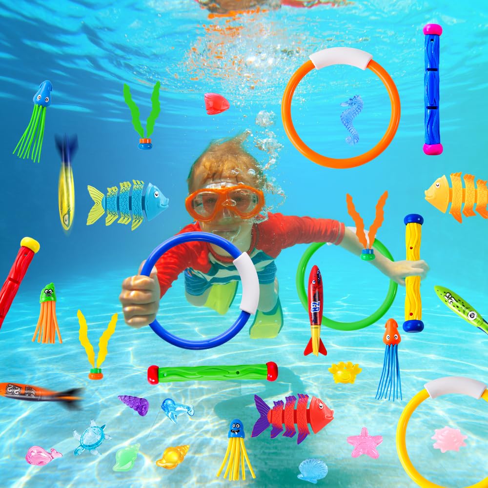 Yujun 35Pcs Pool Diving Swimming Toys, Summer Underwater Game Toys With Pool Fishes Dive Sticks Rings Gems Storage Bag For Kids Swim Birthday Party Favors
