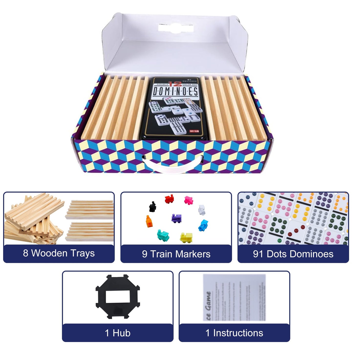 Offelec Mexican Train Dominoes Set, 91 Tiles Double 12 Game With 8 Wooden Racks/Trays, Tin Box, And Colorful Trains, Classic Dom