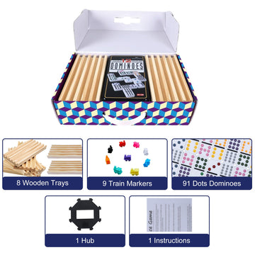 Offelec Mexican Train Dominoes Set, 91 Tiles Double 12 Game With 8 Wooden Racks/Trays, Tin Box, And Colorful Trains, Classic Dom