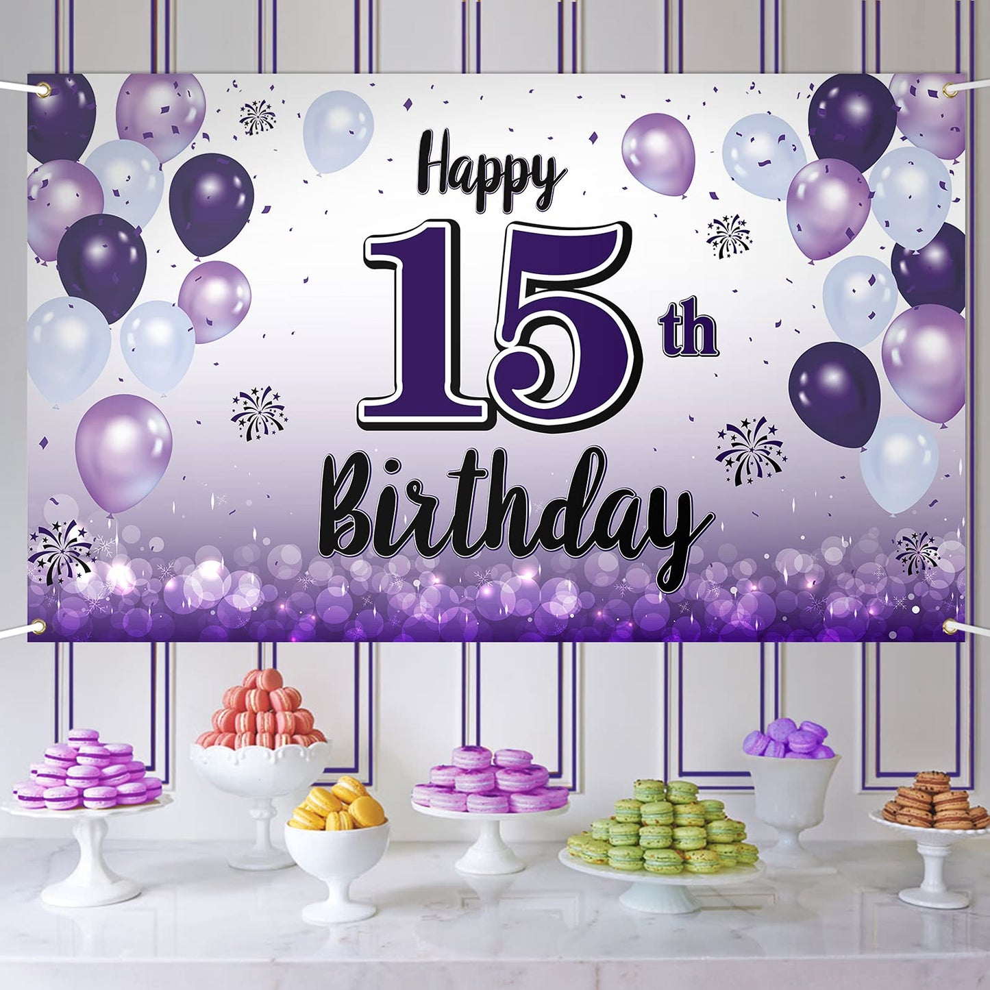 LASKYER Happy 15th Birthday Decorations,15th Purple Balloon Large Birthday Banner Backdrop Sign,Cheers to Fifteen Years Old Bday