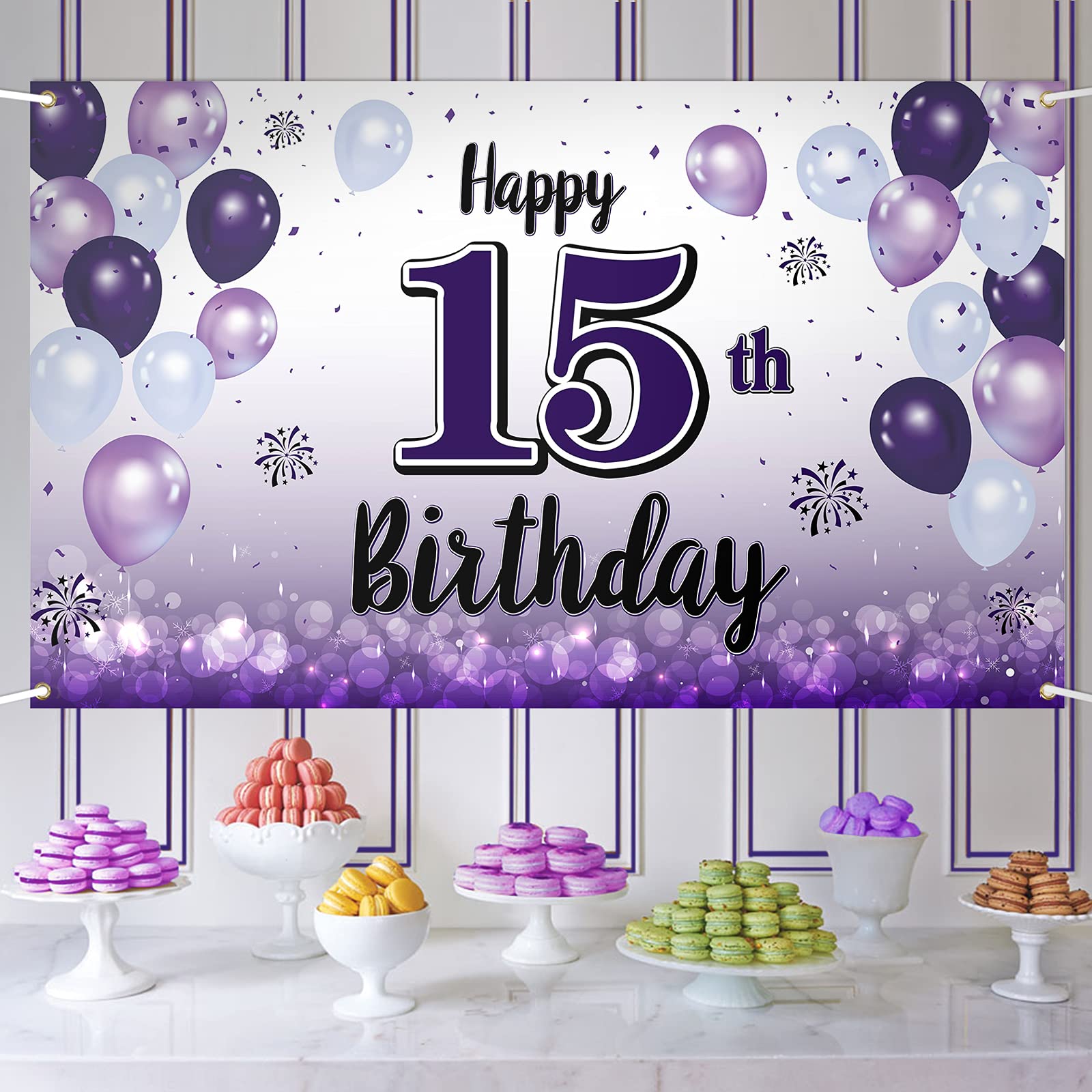 LASKYER Happy 15th Birthday Decorations,15th Purple Balloon Large Birthday Banner Backdrop Sign,Cheers to Fifteen Years Old Bday