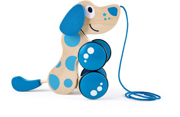 Hape Walk-A-Long Puppy Wooden Pull Toy | Push Pull Toy Puppy For Toddlers Can Sit, Stand And Roll. Rubber Rimmed Wheels For Easy Push And Pull Action, Blue