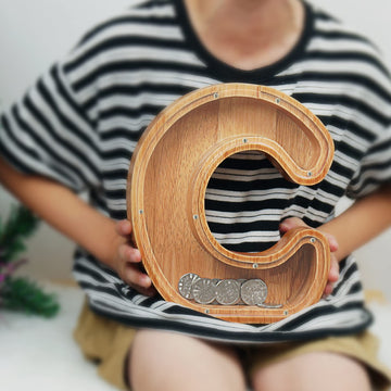 Piggy Bank For Kids Boys Girls, Large Personalized Wooden Letter Piggy Bank With Cut-Out Design, Alphabet Letter Coin Banks, Money Savings Box, Wooden Bank For Kids Creative Gift For Real-Money(C)