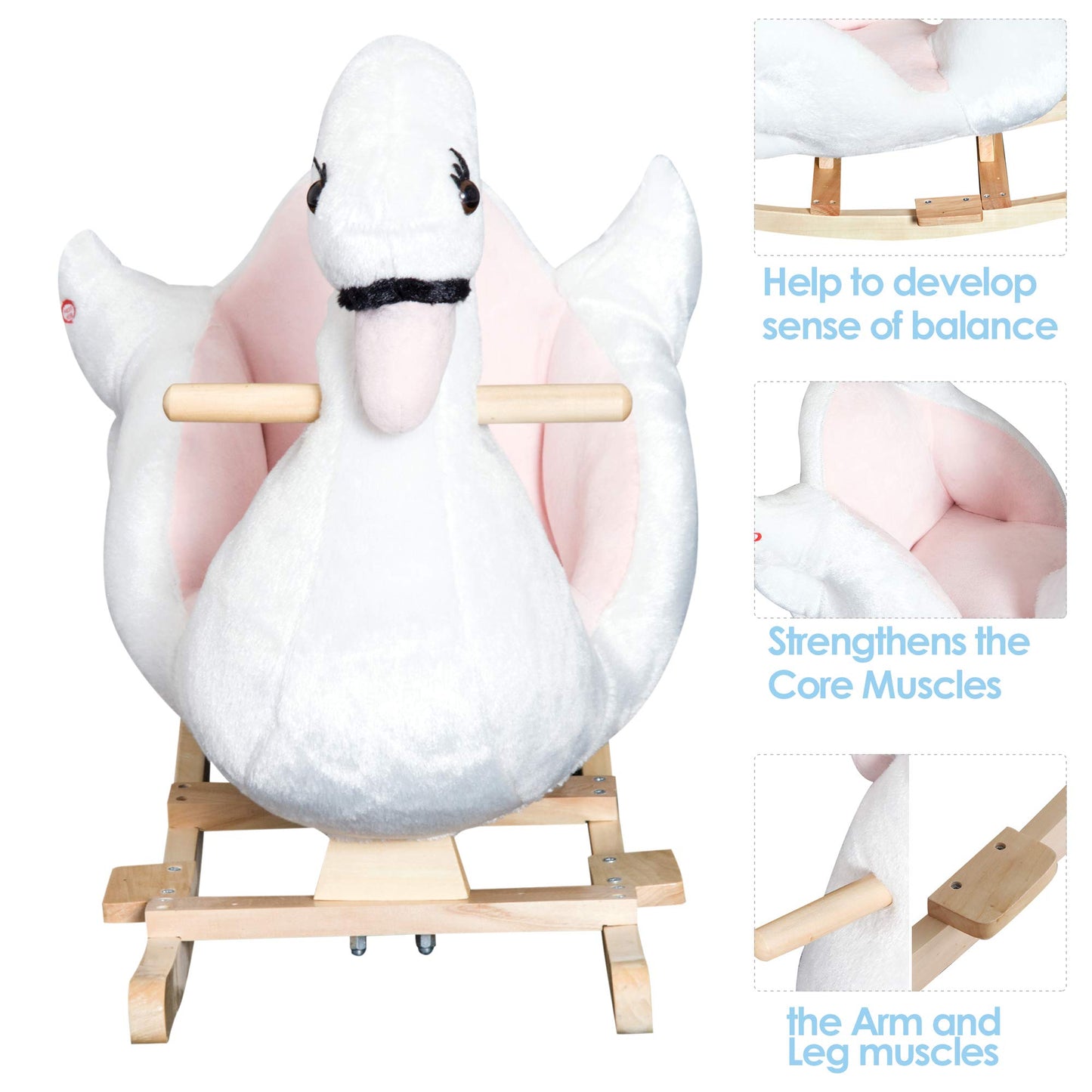 Qaba Kids Ride On Rocking Horse Plush Swan Style Toy With Music For Over 18 Months Children, White And Pink