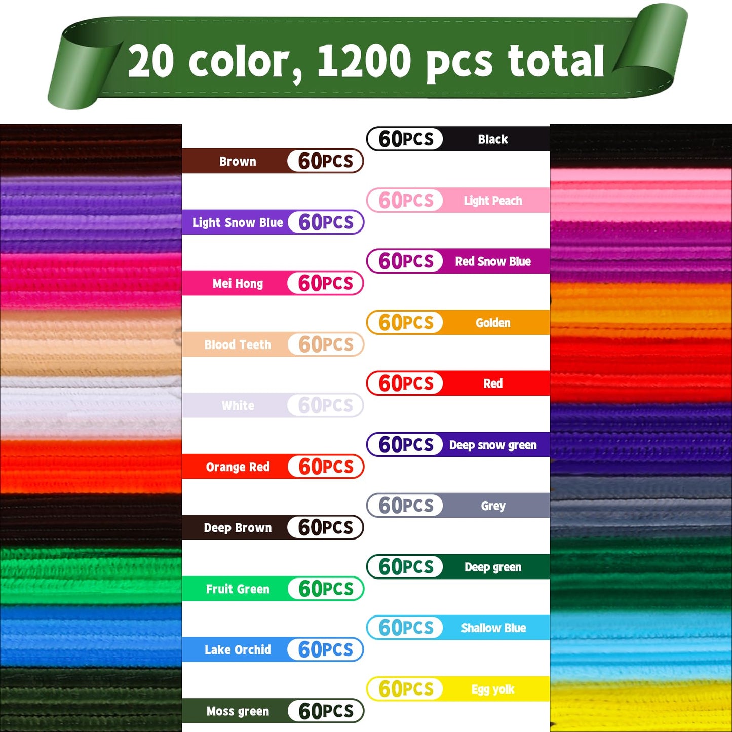 Veroave 1200pcs Pipe Cleaners, 60 Colors Thick Pipe Cleaners Craft, Multi-Color Chenille Stems, Long Pipe Cleaners for Crafts fo