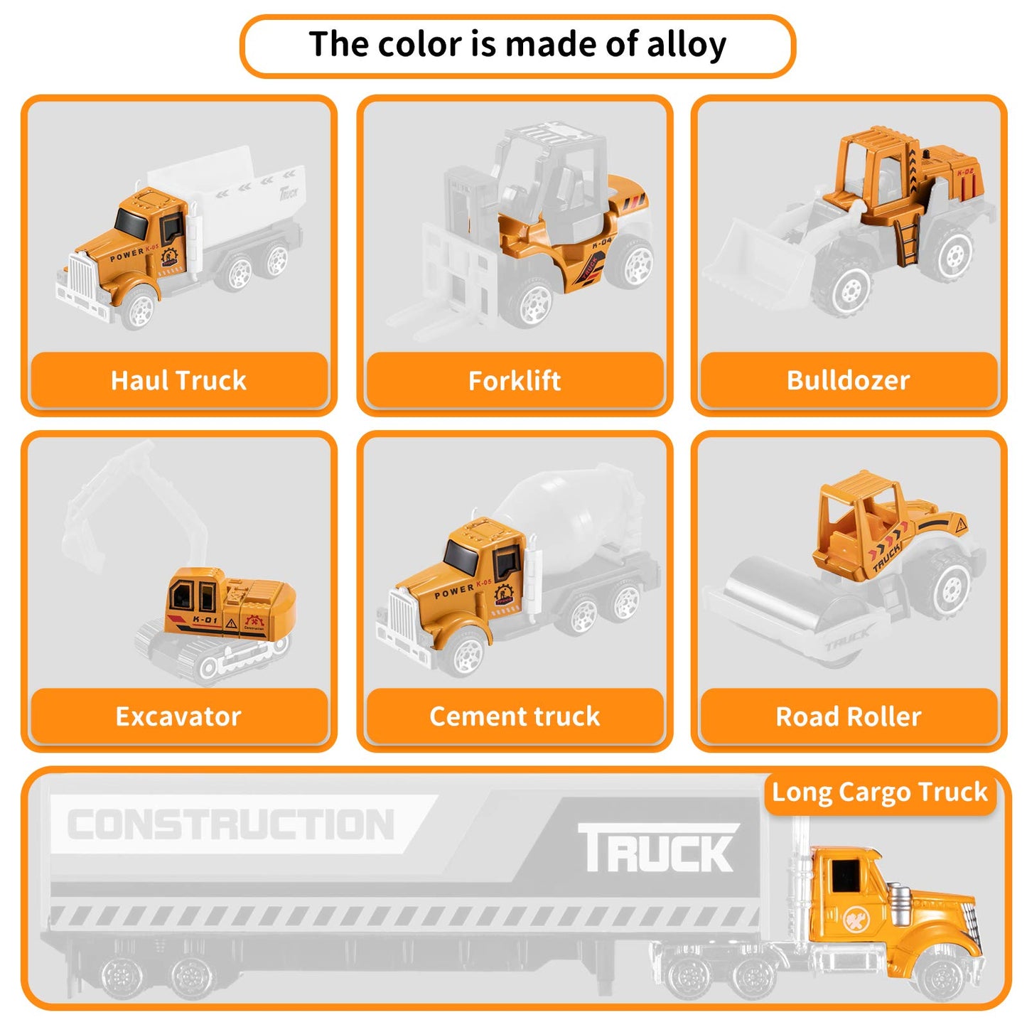 Temi Diecast Engineering Construction Vehicle Toy Set W/Play Mat,Truck Carrier, Forklift, Bulldozer, Excavator,Dump Truck, Alloy Metal Car Toys Set For 3 4 5 6 Years Old Toddlers Kids Boys & Girls