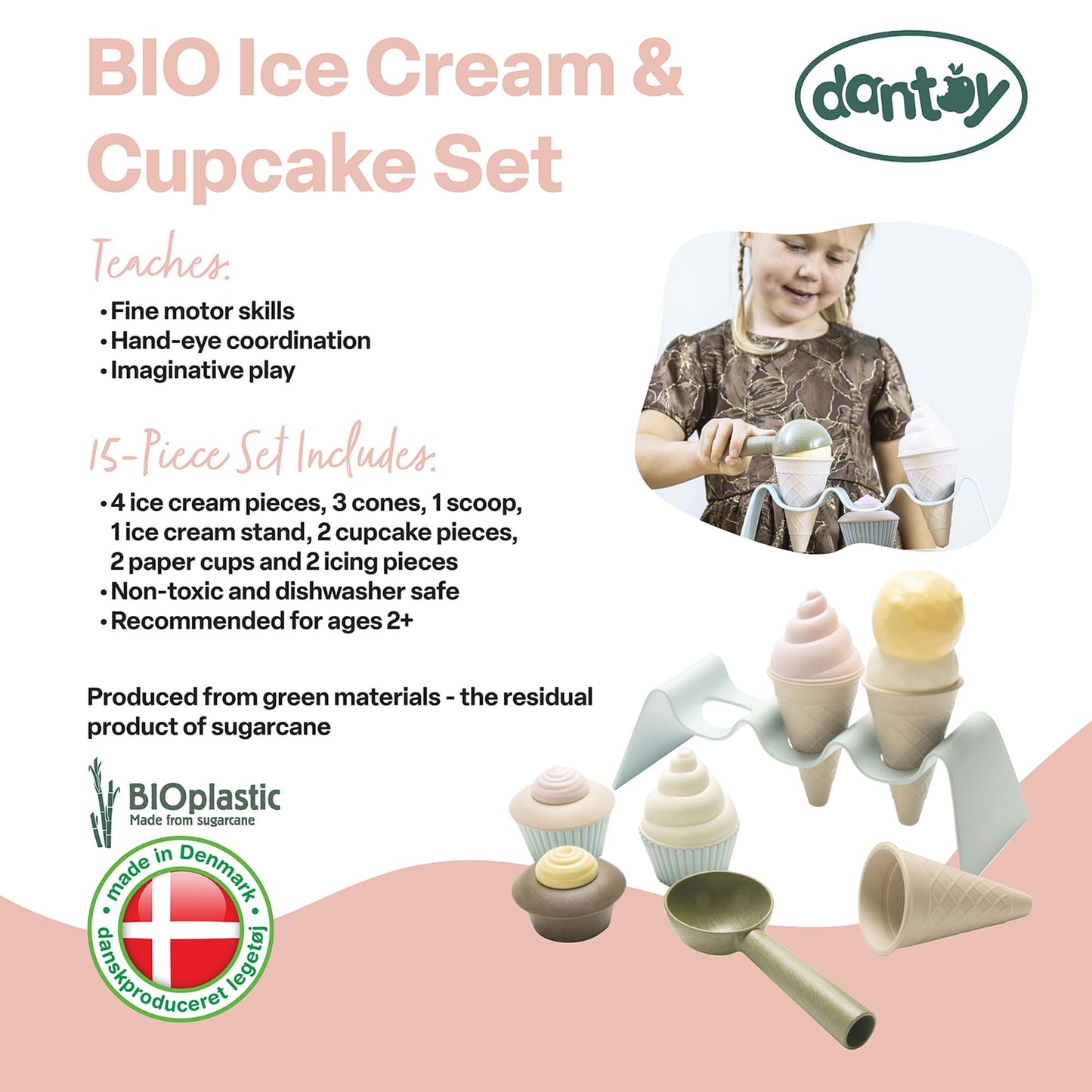 Dantoy Bio Kids’ Ice Cream & Cupcake Set (15 Pieces), Green Sugarcane Bioplastic Toy, Cones, Scoop, Cupcake Paper Cups, & Icing, Made In Denmark, Ages 2+