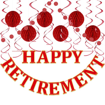 LITAUS, Retirement Party Decorations, NO DIY - Red | Happy Retirement Banner, Honeycomb Balls, Swirls, Garland | Happy Retiremen