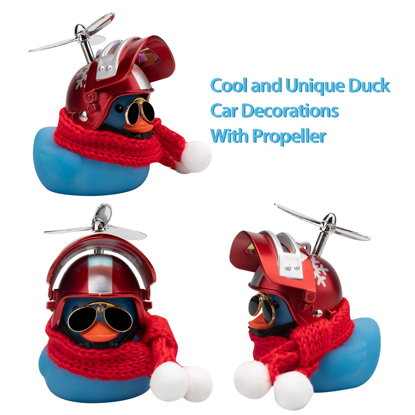 Wonuu Rubber Duck Toy Car Decoration Ornaments Dashboard Decorations Cool Glasses Duck with Propeller Helmet (Blue-Snowflake)