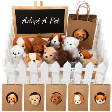 Arrowbash 36 Pcs Mini Plush Stuffed Animals Set With 10 White Plastic Fence 12 Kraft Paper Gift Bags Wooden Mini Chalkboard Sign