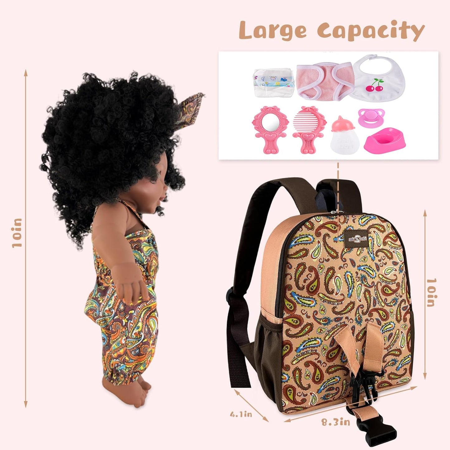 Nice2You Black Baby Doll In Take Along Backpack Carrier, 10In American African Girl Doll For Toddlers And Kids Aged 1-3 2 4 5 Year Old, Backpack For Baby Doll Accessories Storage