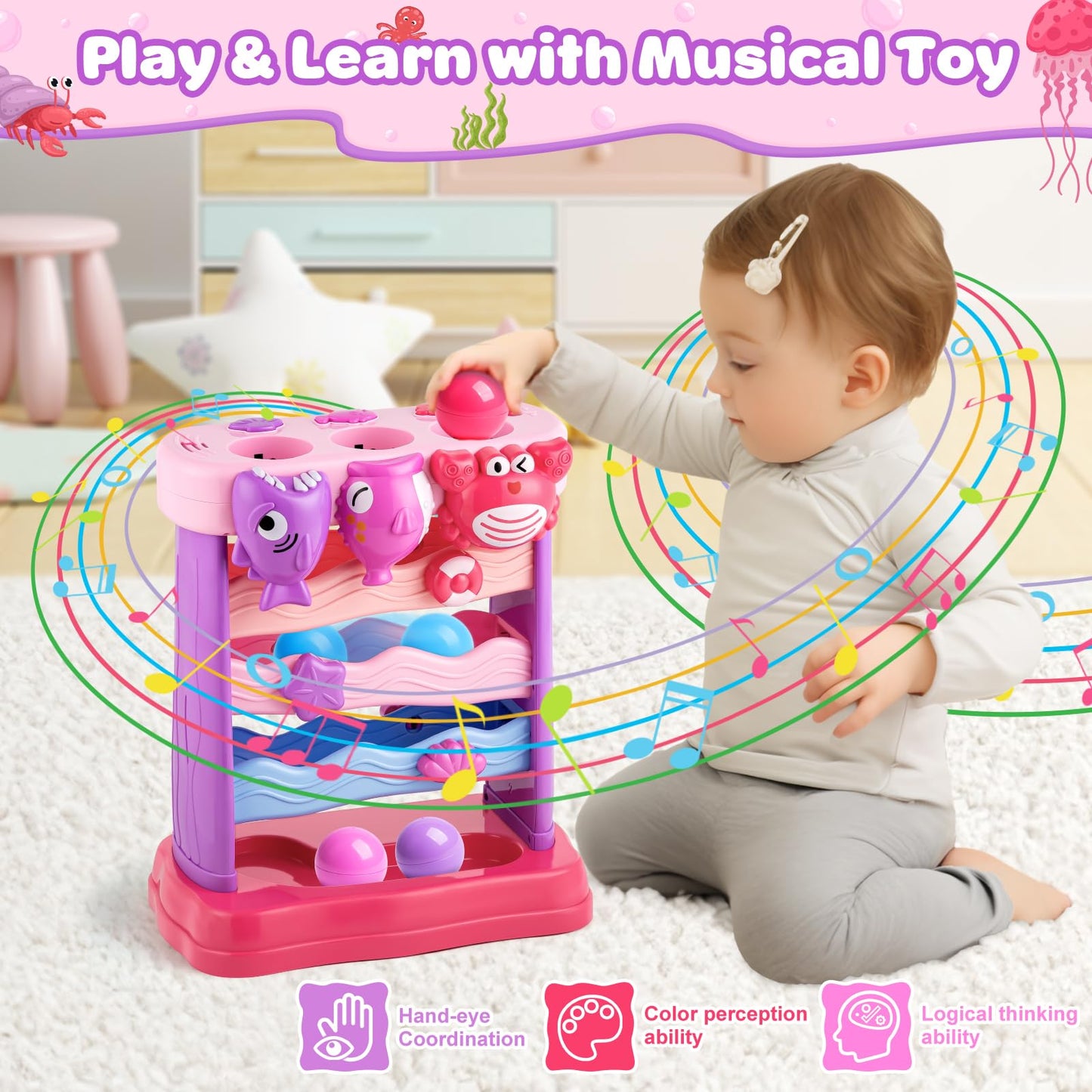 V-Opitos Musical Toys For Toddler 1, 2, 3 Years Old, Feeding Interactive Toys For Baby 9-12 Months, 6 7 8 9 10 12+ Months, Montessori Education Toy, Perfect Christmas Birthday Gifts Boy & Girl (Pink)