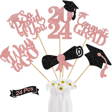 24Pcs Graduation Centerpieces For Tables 2024 Graduation Centerpiece Sticks Class Of 2024 Centerpiece Sticks For Graduation Table Decorations Graduation Decorations 2024 (Rose Gold)