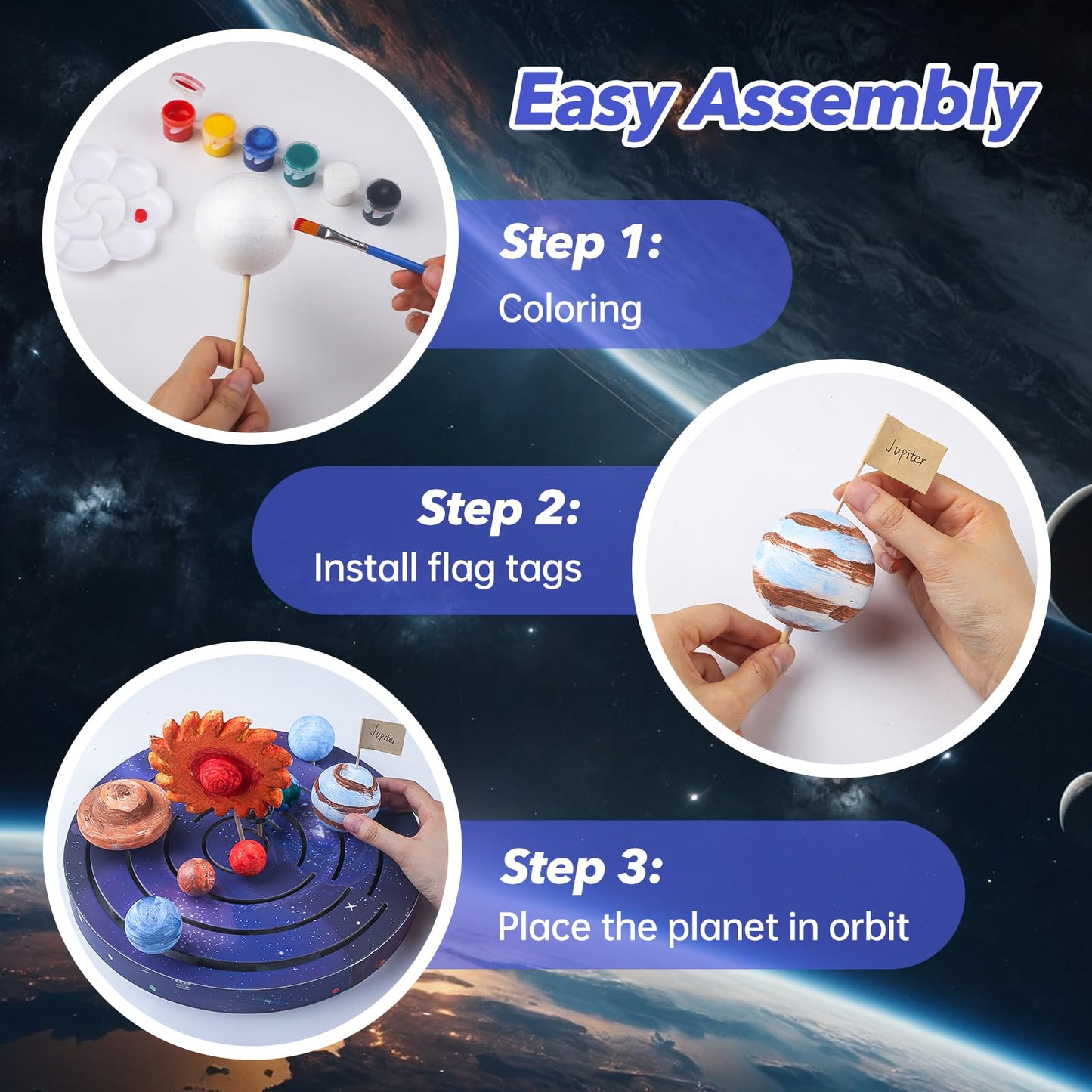 Ohanniewa Solar System Project Kit for Kids, Mixed Sized Foam Balls,Painting Tools and Disc Planetary Orbits,DIY Planets Model f