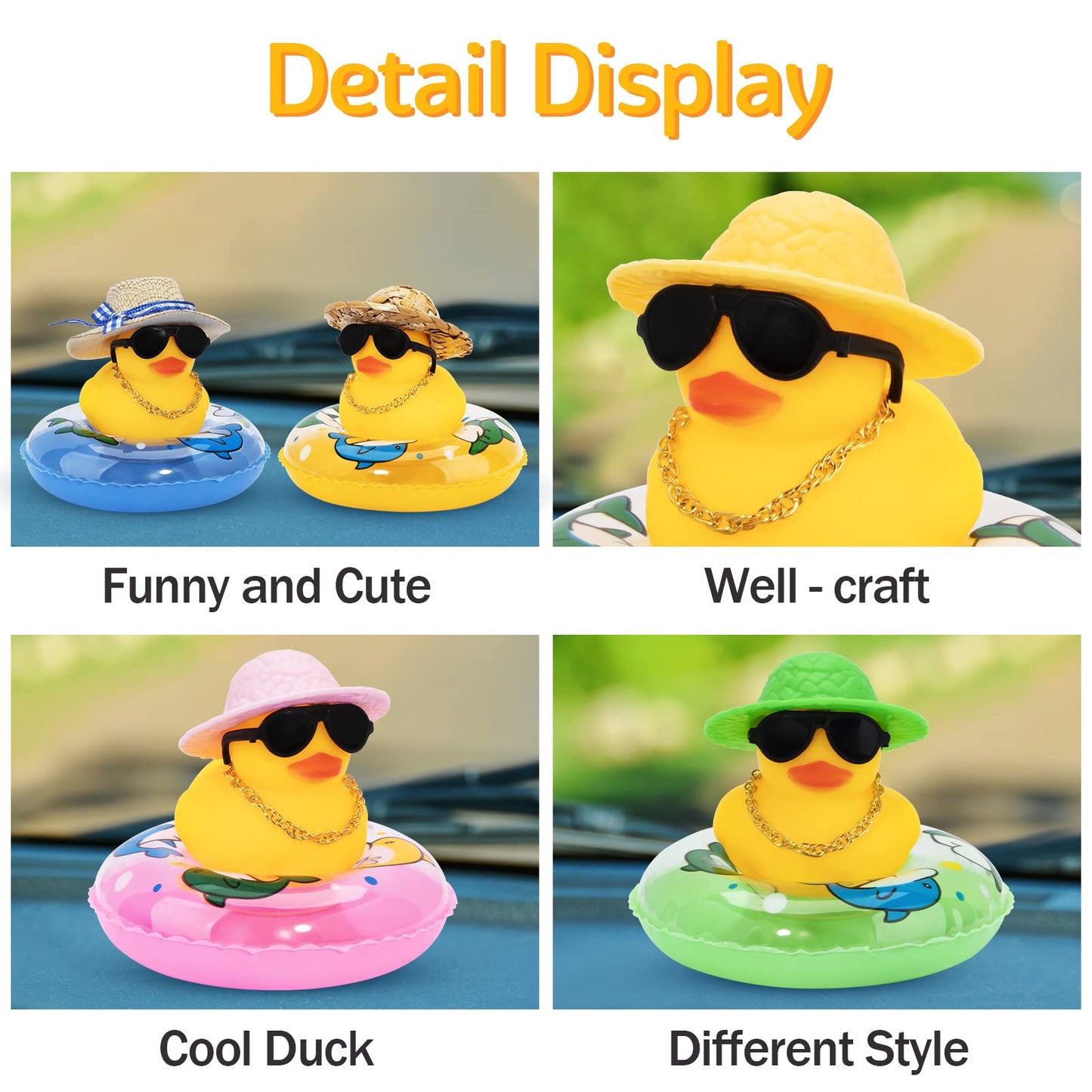 Wonuu Car Rubber Duck, Yellow Duck Decoration Dashboard With Sun Hat Swim Ring Necklace Sunglasses For Car Dashboard Decorations (Blue Sun Hat-Blue Dolphin)