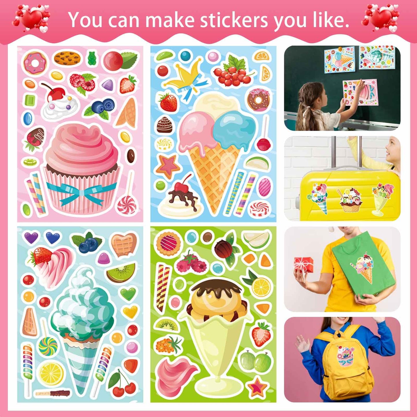 24 Sheets Make-A-Face Stickers, Make Your Own Ice Cream Mix And Match Sticker Sheets Diy Summer Ice Cream Stickers For Kids Part