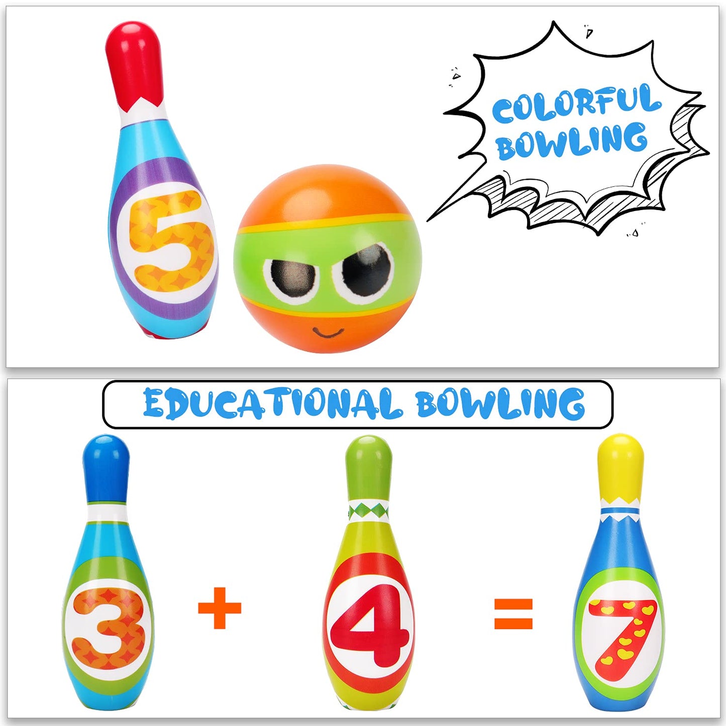 Soft Kids Bowling Set Toddler Toy For 2 3 4 5 Years Old Boy Girl, 10 Indoor Colorful Foam Pins 2 Bowling Ball Printed Number Developmental Sensory Toy Age 2-4 Present Stocking Stuffer