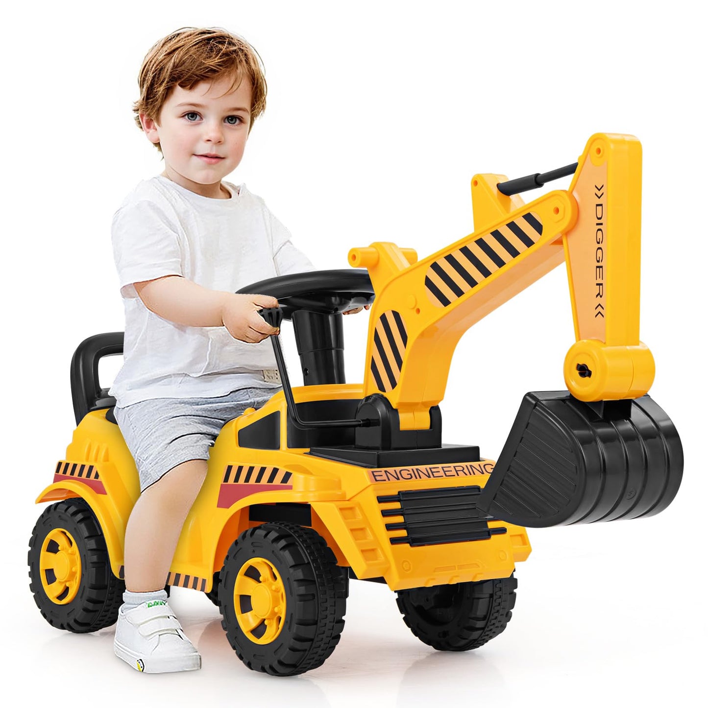 HONEY JOY Ride On Excavator for Toddlers - Outdoor Digging Toy, Yellow, No Power, Storage, Fun Construction Vehicle for Kids