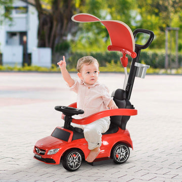 Aosom Mercedes-AMG C63 Licensed Ride on Push Cars for Toddlers, Sliding Walking Car with Sun Canopy, Horn, Music, Safety Bar, Cu