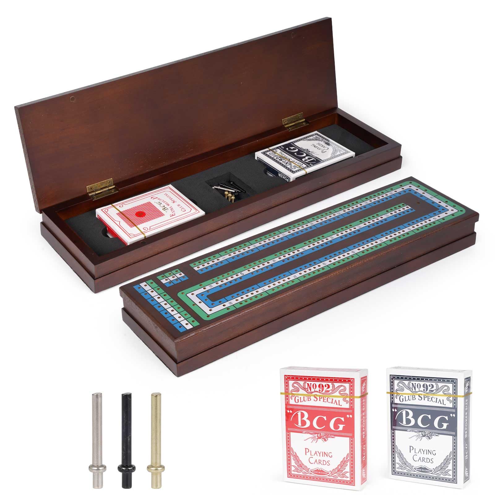 Wooden Cribbage Board Game Set  enhanced Wooden Board with Magnetic Lock and Metal Pegs  Strategy Card Game Cribbage - Travel Portable Cribbage Game Sets for Family