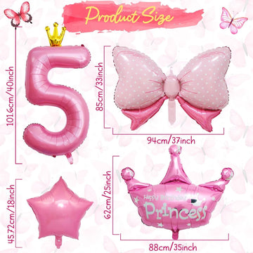 5Th Birthday Decorations For Girls, Pink 5Th Birthday Balloon Set With 40 Inch Pink Number 5, Large Helium Foil Mylar Crown Balloon, Pink Bow Foil Balloons For Baby Girl Daughter First Birthday Party