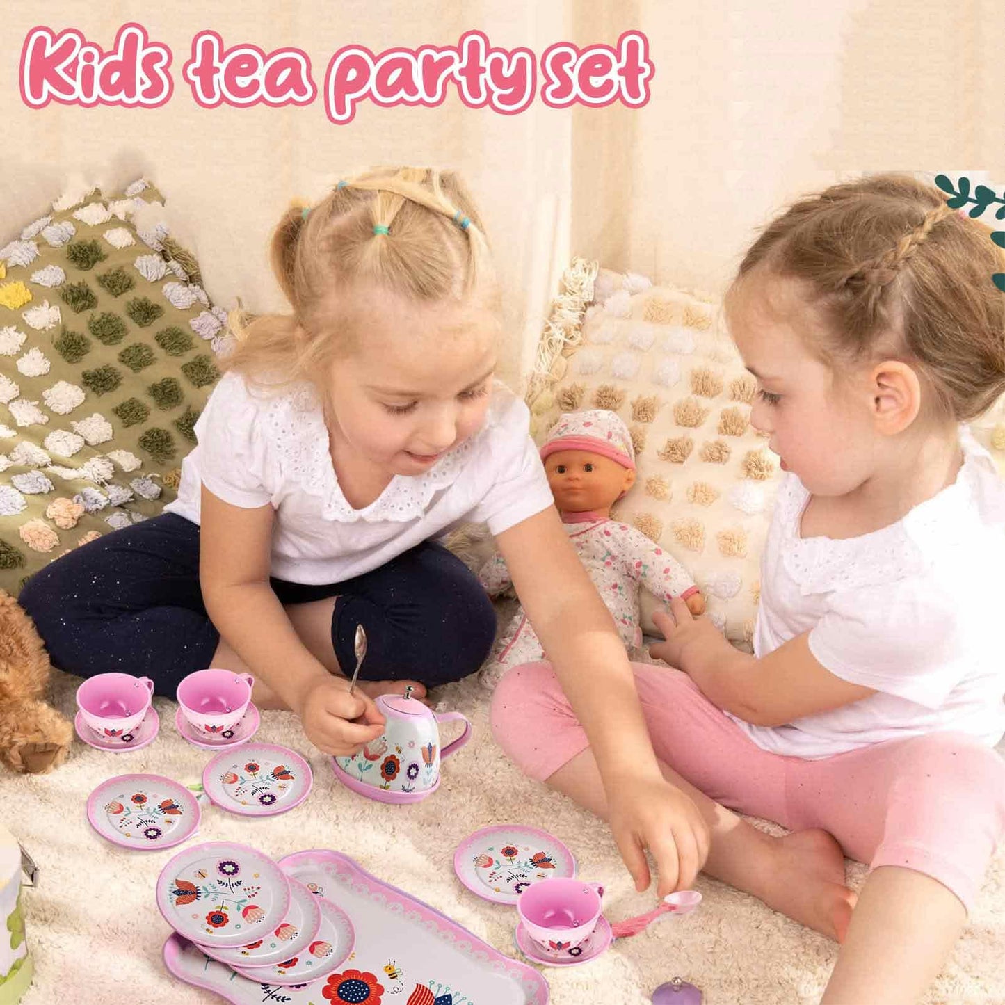 Pretend Play Tea Set for Little Girls, Gift for Age 3 4 5 6 Year Old, Toddler Toys Tea Party Set for Girls, Lajeje 19 PCS Tea Pa