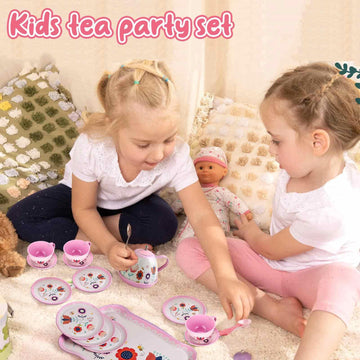 Pretend Play Tea Set for Little Girls, Gift for Age 3 4 5 6 Year Old, Toddler Toys Tea Party Set for Girls, Lajeje 19 PCS Tea Pa