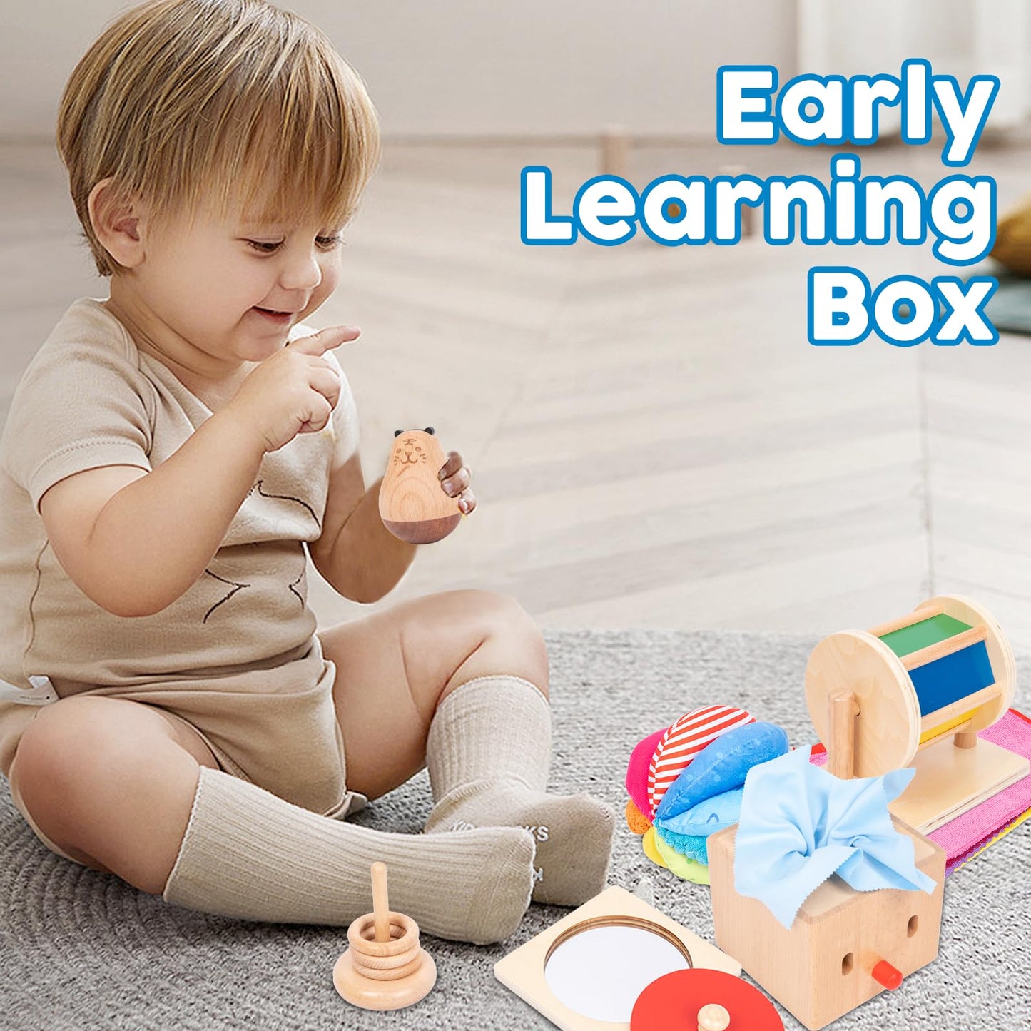 Adena Montessori Play Kit For 5-6 Months Baby,8 In 1 Learning Educational Toys For Toddler,Include Rainbow Spining Drum,Mirror Puzzle,Baby Tissue Box And More,Christmas Birthday Gift For Boys Girl