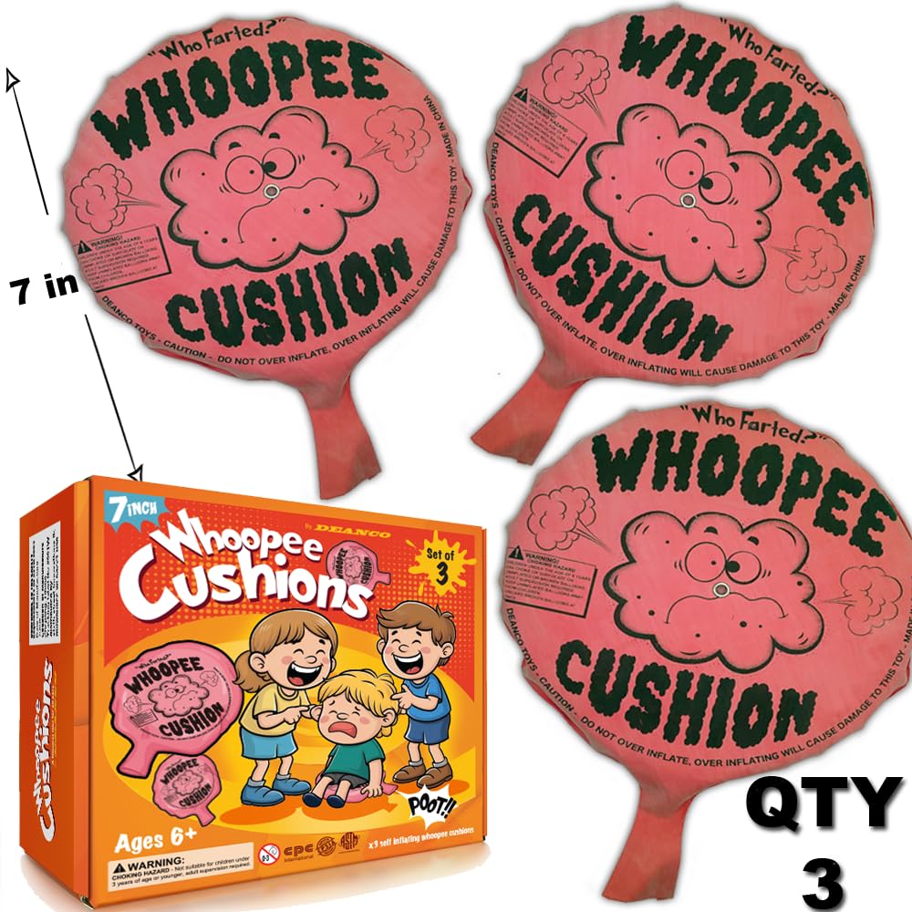 DEANCO Whoopee Cushion 3 Pack - Three 7 inch Self-Inflating Whoopee Cusions enhanced Rubber for Louder Fart Sound  Gag Gifts for Kids and mature-themeds  April Fools Pranks